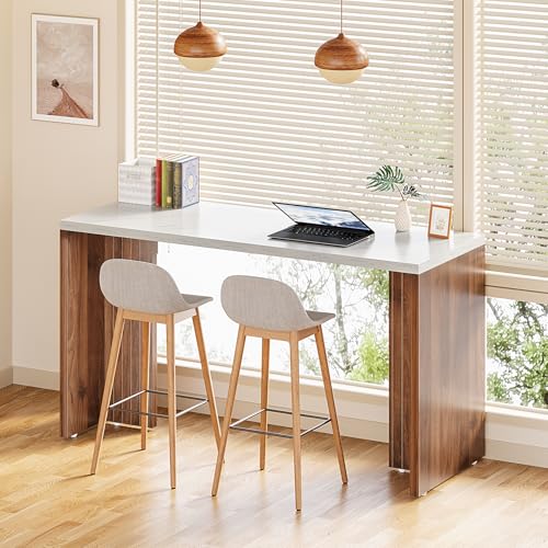 LITTLE TREE Home Bar Table, 55-Inch Long Counter Height Pub Table with a Faux Marble Finished Tabletop, Narrow Rectangular Indoor Bar Unit for Home, Kitchen, White & Walnut LITTLE TREE