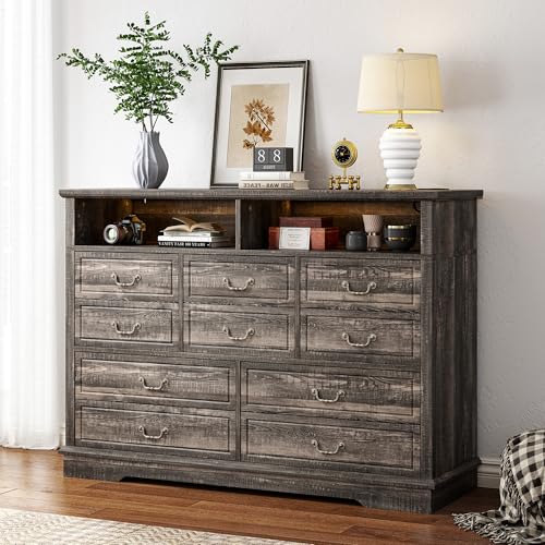 EnHomee 55.2''Wide Dresser for Bedroom Wood Dresser with LED & Power Outlet Vintage 10 Drawer Dressers & Chests of Drawers Long Dresser TV Stand, Closet,Hallway, Dark Rustic Oak EnHomee