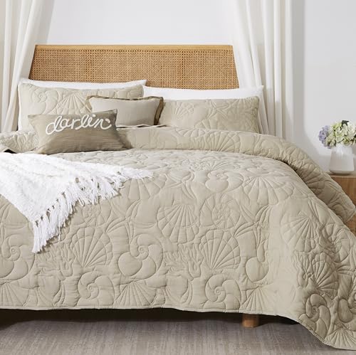 WDCOZY Coastal Beach Beige Twin Size Quilt Bedding Sets, Nautical Tropical Ocean Bedspread, Scallop Seashell Soft Coverlet, Lightweight Summer Thin Comforter for All Season WDCOZY