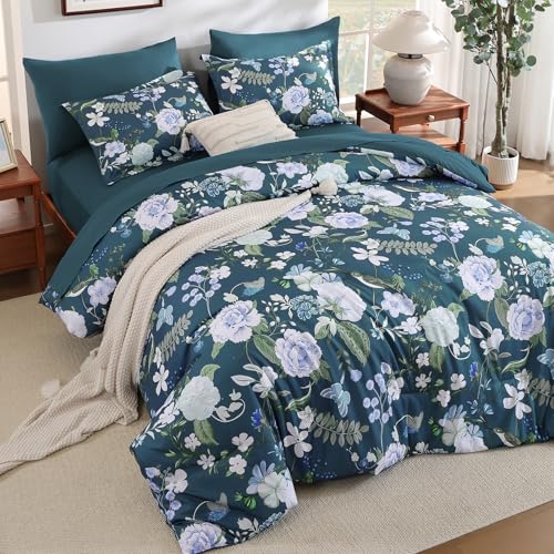 Anibedding 7Pieces Floral King Size Comforter Set, Garden Plant Flower Style Bed in a Bag Blue Bedding Comforter Set with Pillow Case for Bedroom Anibedding