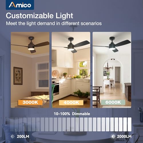 Amico Ceiling Fans with Lights, 44 inch Ceiling Fan with Light and Remote Control, Reversible, 3CCT, Dimmable, Noiseless, Small Black Ceiling Fan for Bedroom, Indoor/Outdoor Use Amico