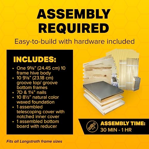 Mann Lake Unassembled Complete Bee Hive Box with Foundation, Langstroth 10 Frame 9 5/8" Hive Body, All Beekeeping Levels, Assembly Required Mann Lake