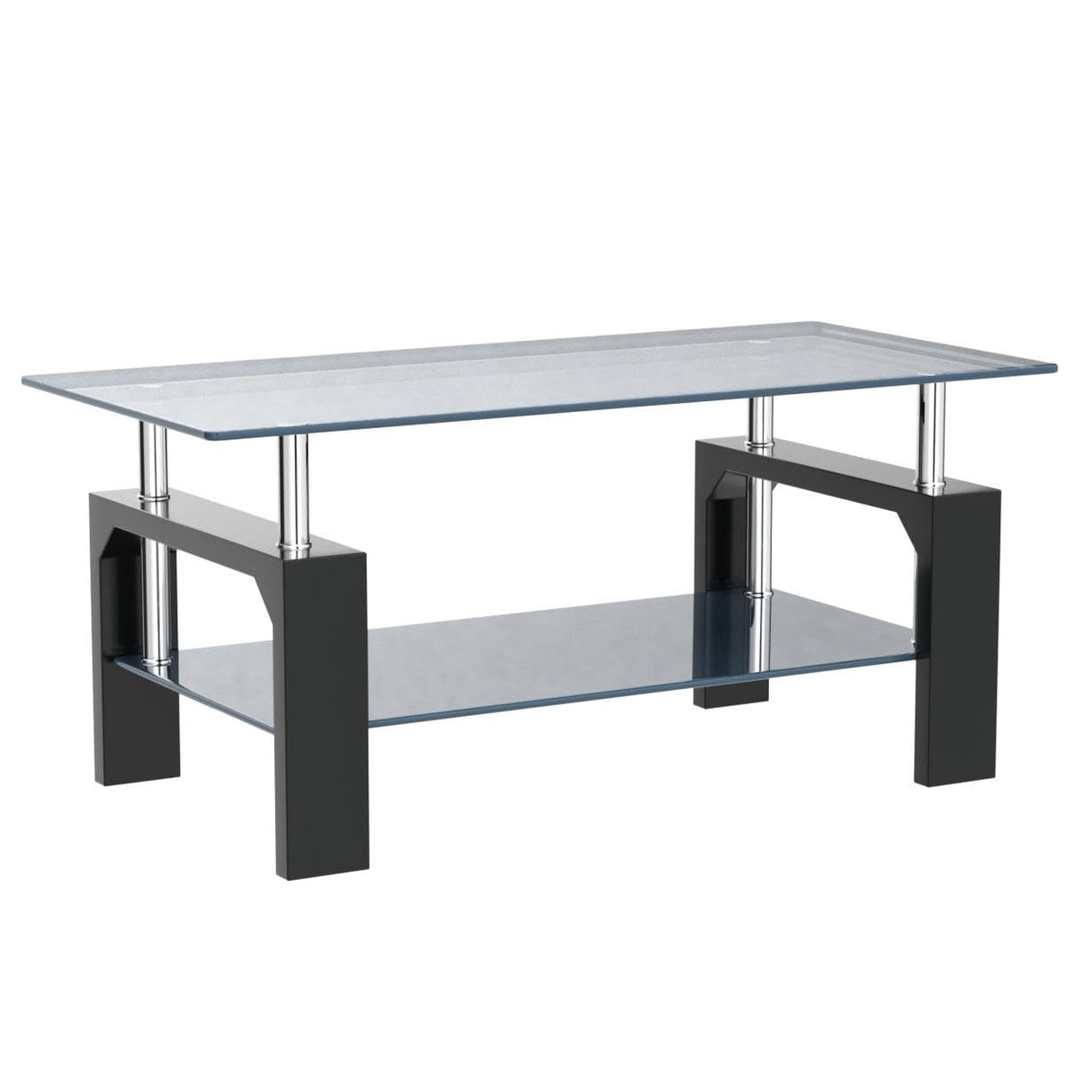 Btrpily Living Room Rectangle Coffee Table, Tea Table Suitable for Waiting Room, Modern Side Coffee Table with Wooden Leg, Glass Tabletop with Lower Shelf, 39.5D x 23.5W x 17.5H in, Black Btrpily