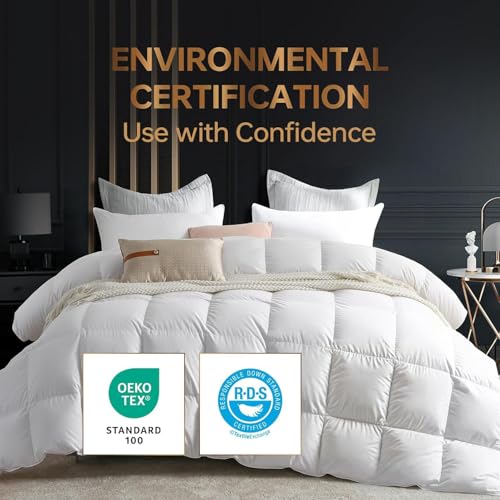 C&W Down Comforter Twin, All Season Duvet Insert - Medium Warmth, 100% Cotton Shell, 30oz Fill Weight, Soft, Noiseless & Breathable, Machine Washable, 3D Baffle Box, White (68"x90") C&W
