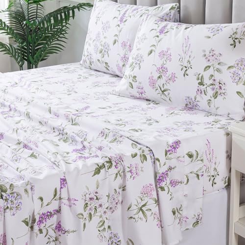 FADFAY Twin XL Botanical Sheets for College Percale Cotton Teal Green Leaves Patterned Bed Sheet Minimalist Bedding Dorm Room Soft Crisp & Cool Deep Pocket Fitted Sheet, 4Pc, Twin Extra Long Sheet FADFAY