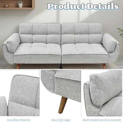 Trygoal Convertible Futon Sofa Bed, Modern Futon Couch with 2 Pillows, Small Futons Couch with Adjustable Armrest & Backrest, Loveseat Sofa Bed for Living Room, Bedroom, Gray Trygoal