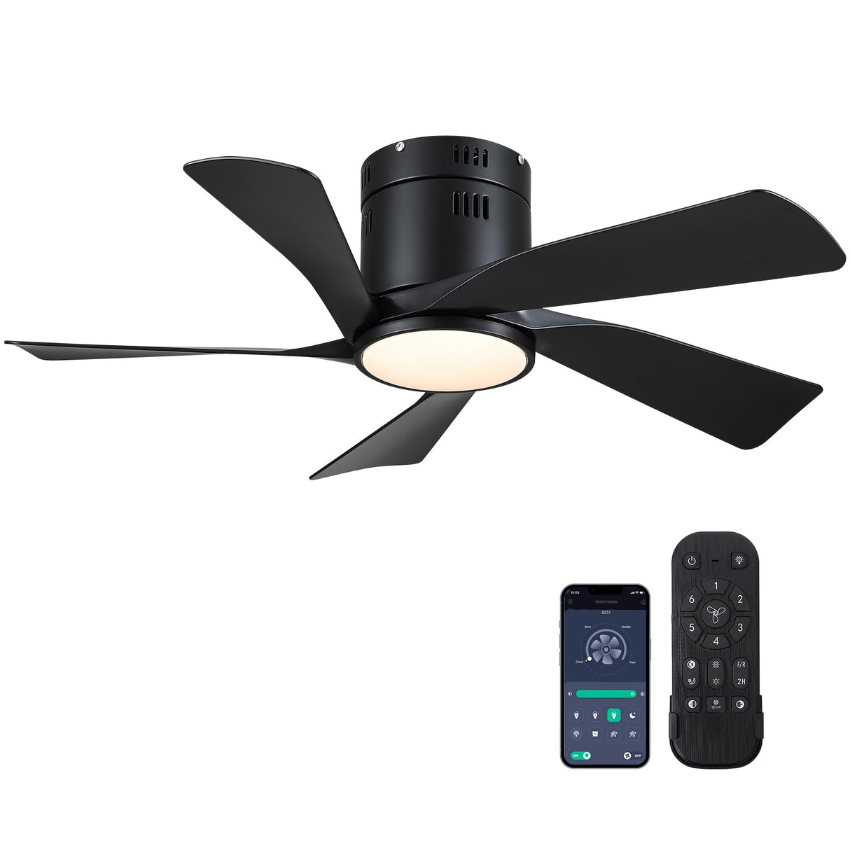 CHESUR Black Ceiling Fans with Lights - 36" Flush Mount Low Profile Ceiling Fan with Remote/App, Dimmable and 3CCT, Reversible, Modern Ceiling Fan Light for Indoor Bedroom, Kids Room CHESUR