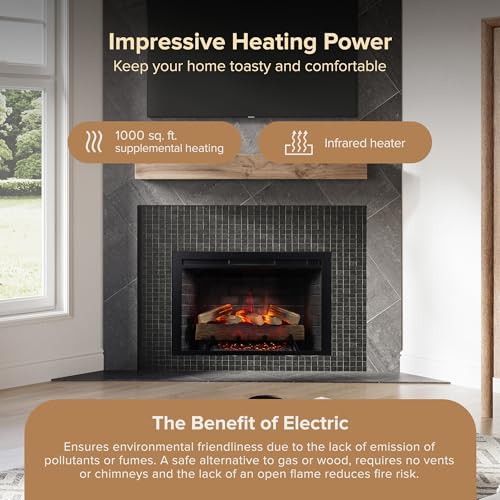 Modern Ember Uptown 36" Smart Electric Fireplace Insert with Remote Control, Alexa/WiFi Enabled - 1,000 Sq Ft Electric Heater with Realistic Flames and Log Set Modern Ember