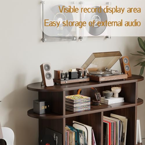 LIVEHOM Large Round Record Player Stand, Wood Record Storage Cabinet, Vinyl Record Holder with Display Area, Mid Century Modern Turntable for Living Room, Bedroom LIVEHOM