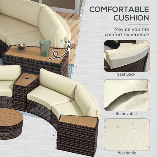 Outsunny 8 Piece Patio Furniture Set with 4 Rattan Sofa Chairs & 4 Tables, Outdoor Conversation Set with Storage & Umbrella Hole for Backyard, Lawn and Pool, Mixed Brown Outsunny