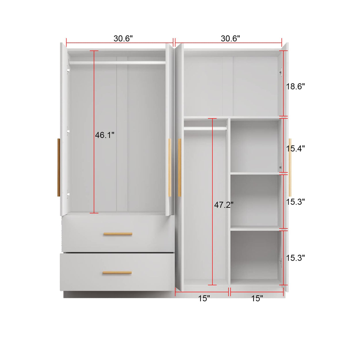 FUNISIR 4 Doors Bedroom Wardrobe, Wood Armoire with 2 Clothes Hanging Rails, 4 Storage Shelves and 2 Drawers, 63“ Wide Bedroom Storage Unit Clothes Organized Closet, White(70.9" H) FUNISIR