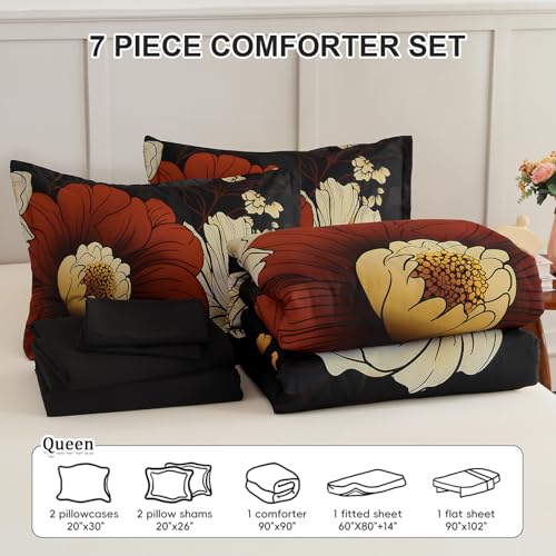 Xruibed Black Floral Comforter Set Queen Size 7 Pieces Bed in a Bag Flower Bedding Sets Lightweight Boho Bed Set with Sheet,Pillowcases&Shams for All Season Xruibed