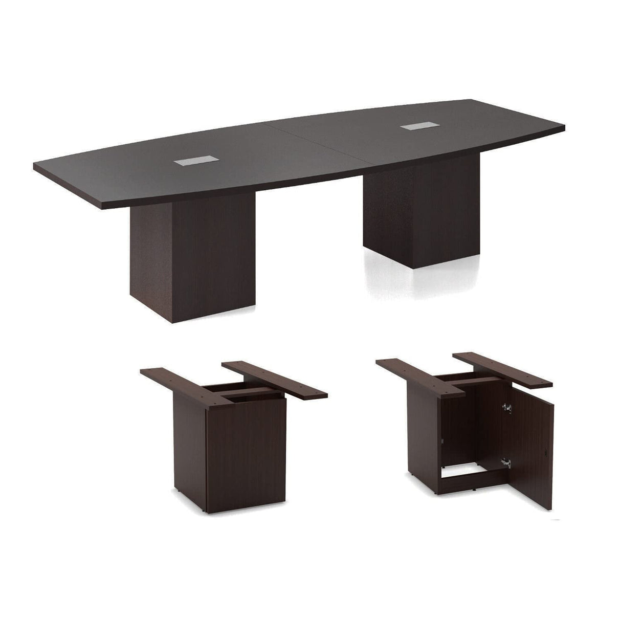 Thaweesuk Shop New 10 FT Espresso Finish Modern Executive Boat Shaped Conference Table Wood Square Cube Legs Doors Grommets Racetrack Boardroom Meeting Room Desk Office White 2 Power Data Modules WoodArtSupply