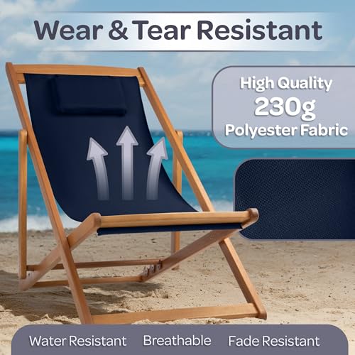 Beach Lounge Chair - Adjustable Height Reclining Sling Chair - Portable Wood Folding Chairs - Folding Lounge Chairs for Outside, Patio, Balcony, or Camping - Outdoor Furniture by Lavish Home (Blue)