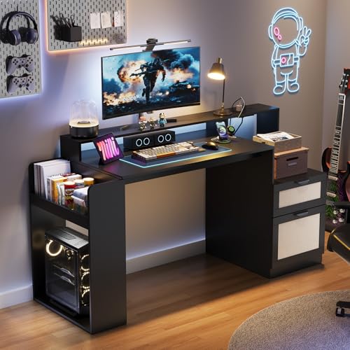 Vividwood Farmhouse Computer Desk with Drawers and Power Outlets, 60” Home Office Desk with Adjustable File Drawer, Cat Scratching Pad, Printer Stand, Shelves & Monitor Riser, Black Vividwood