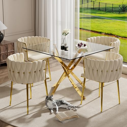 HAIZAO Golden Glass Dining Table Set for 4, 5 Piece Clear Glass Top Dinner Room Set, 36'' Modern Luxury Square Kitchen Table Set with Ivory Woven Chair, for Small Living Room Home HAIZAO