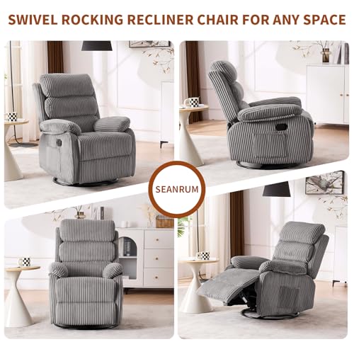 Seanrum Plush Premium Velvet 360° Swivel Rocker Recliner Chair - High Back Glider with Generous Footrest, Supportive Armrests & Side Pocket for Nursery, Living Room & Small Spaces Grey