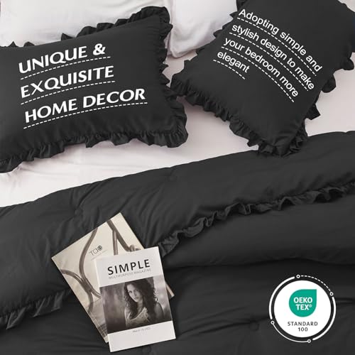 HARBOREST Queen Comforter Ruffle Black, Fluffy Queen Bedding, 3 Pieces Shabby Chic Comforter Set(1 Comforter & 2 Pillow Shams) HARBOREST