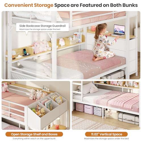 DICTAC Twin Over Twin Bunk Bed with 6 Storage Drawers,Led Lights and Charging Station Metal Bunk Beds with Side Bookcase,3 Storage Boxes &Shelf,L-Shaped bunk Bed with Safety Guardrail and Ladder,White DICTAC