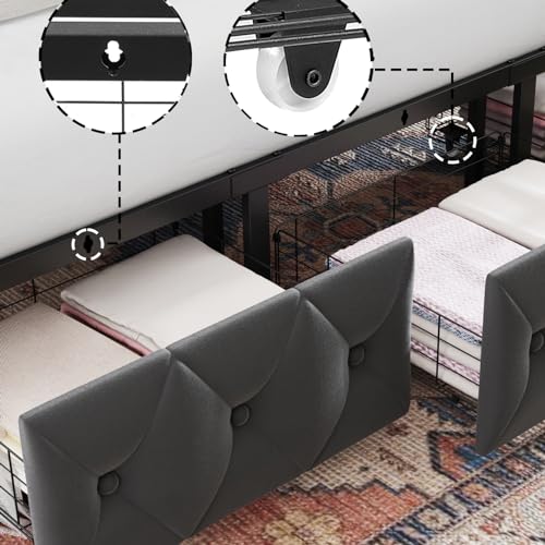 Keyluv Full Upholstered Canopy Bed Frame with 2 Storage Drawers & Button Tufted Headboard, Metal Platform Bed with 4 Removable Posts, Two-Purpose Velvet Bed, Dark Grey/Curtain Not Included