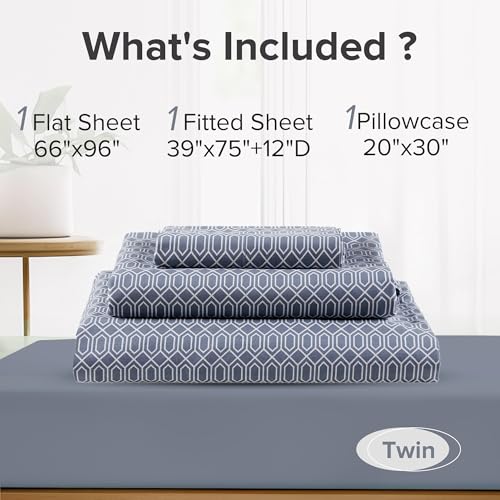 Comfort Spaces 100% Cotton Sheets Twin, Breathable, Naturally Cool Cotton Sheets, Soft Cotton Bed Sheets with 14" Elastic Pocket Fits up to 16" Mattress, All Seasons Sheet Set, Diamond Blue 3 Piece Comfort Spaces