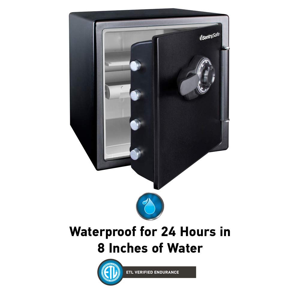 SentrySafe Fireproof and Waterproof Black Steel Home Safe with Dial Combination Lock for Cash, or Documents, 1.23 Cubic Feet, 17.8 x 16.3 x 19.3 x Inches, SFW123CU SentrySafe