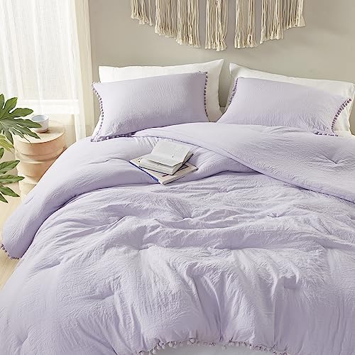 Codi Lavender Purple Full/Queen Comforter Set - Boho Aesthetic Bedding with Luxurious Pom Fringe, Soft Washed Microfiber 3pc Set, Couple-Friendly Lightweight Design, 1 Comforter & 2 Pillow Shams Codi