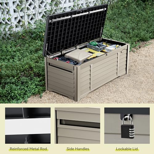YITAHOME 120 Gallon Large Outdoor Storage Deck Box, Waterproof Cushion Storage Bench with Lockable Lid for Patio, Pool Supplies, Garden Tools, Resin, Black & Brown YITAHOME