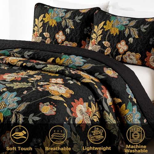 WONGS BEDDING Quilt Set Queen Size, Black Botanical Queen Bedspread Bedding Sets, 3 Pieces Floral Quilt with 2 Pillowcases,Soft Lightweight Microfiber Coverlet Set for All Season(96"X90") WONGS BEDDING