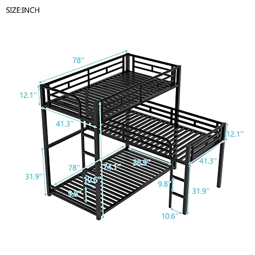 MERITLINE Metal Triple Bunk Bed for Kids, L-Shaped Twin Over Twin & Twin Bunk Bed Frame, 3 in 1 Bed Bunk Beds with Guardrails and Ladders for Teens Adults, Black MERITLINE