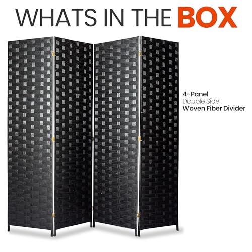 SereneLife 4-Panel Folding Room Divider, Woven Fiber Privacy Screen, Portable Partition for Room Separation, Lightweight Decorative Screen for Living Room, Office, Porch, and Dressing Area, 71” x 18” SereneLife