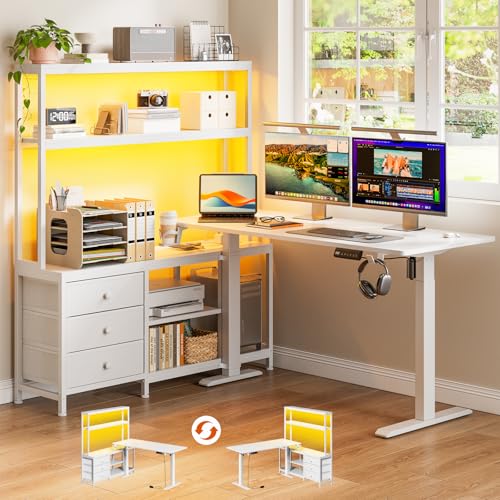 REAHOME 65" L Shaped Standing Desk with Storage, Height Adjustable Electric Sit Stand Up Desk with Hutch & Drawers, Charging Station, LED Light, Cable Management, Home Office Desk, White REAHOME