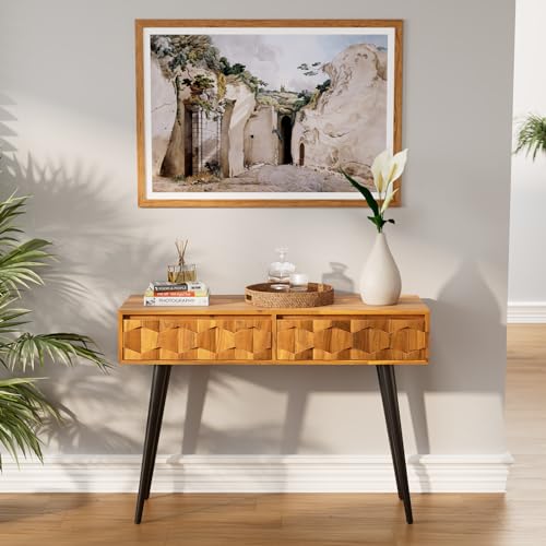 Bme Console Modern Mid-Century 2 Drawers and Metal Legs, Unique Geometric Design Sofa Table for Entryway, Hallway, Living Room, Teak Brown Bme