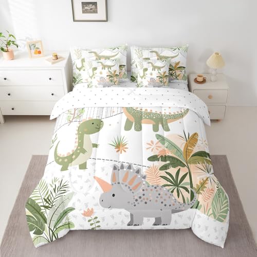 Feelyou Kids Cute Dinosaur 7 Piece Bedding Set Twin Size Cartoon Green Dinosaur Comforter Set with Sheets for Boys Girls Teens Cute Animal Bed in a Bag Coconut Plant Bed Set Feelyou