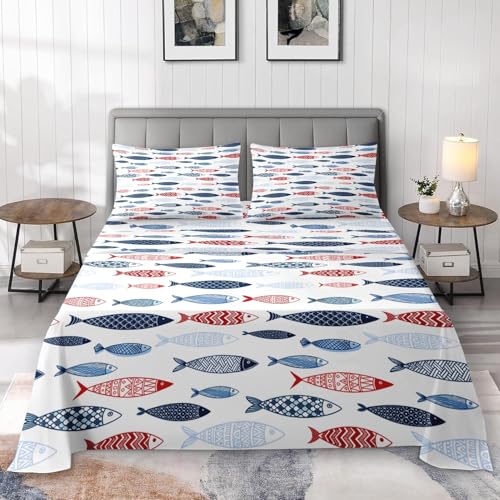 Pamnest King Size Bed Sheet Sets, Summer Blue Fish Soft Microfiber 4 Pcs Bedding Sets for Kids and Adults Bedroom Bed Decor, Cute Sea Red Flat, Fitted Sheet and 2 Pillowcases Pamnest