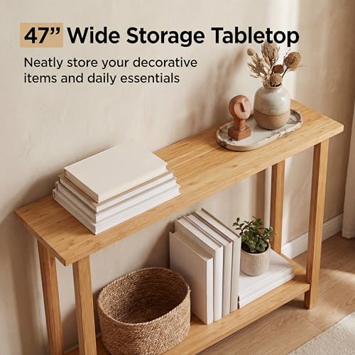 GOFLAME Solid Wood Entryway Table, 47” Console Table with Storage Shelf, Curved Tabletop, Teak Wood, Farmhouse, 2-Tier Rustic Behind Couch Sofa Tables Narrow Long for Living Room, Hallway, Natural GOFLAME