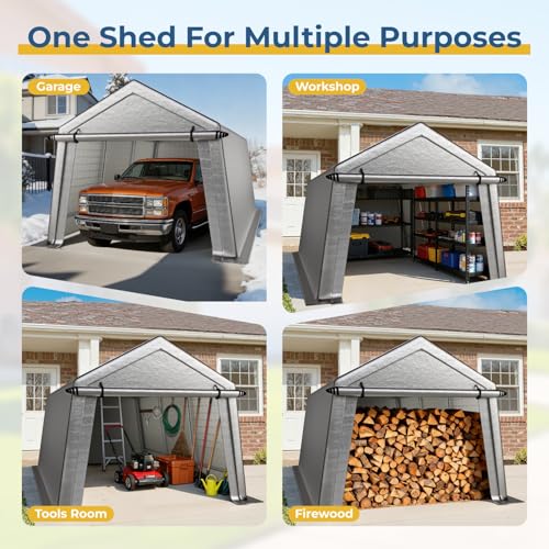 LINKHOO 10x15 FT Portable Garage Carport, Heavy-Duty Storage Shed with 220G Waterproof PE Tarp, Roll-Up Zipper Door & Vent, for Motorcycle, Bike, ATV, Tools, Outdoor Equipment, Gray LINKHOO