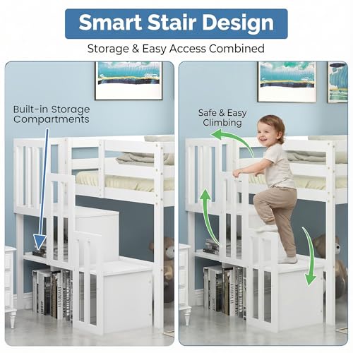 MoproBeti Low Loft Bed with Stairs, Wood Twin Size Kids Loft Bed with Guard Rails,Junior Low Loft Beds with Under-Bed Storage for Small Room/Low Ceiling Bedroom,White MoproBeti