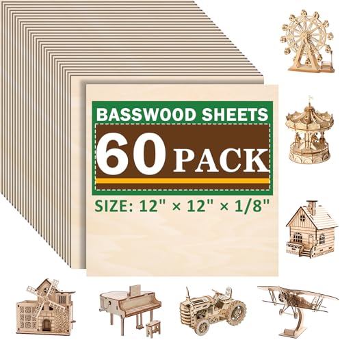60 Pack Basswood Sheets for Laser Cutting, 12 x 12 x 1/8 Inch, Unfinished Squares Wood Sheets for Crafts - Smooth Surface Plywood for Wood Burning, Engraving, Architectural Models, Painting & Staining XSEINO