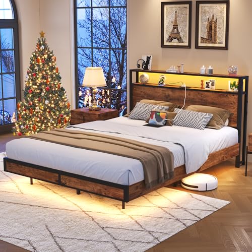 BedsPick Full Size Bed Frame with 2-Tier Storage Headboard, Sturdy Metal Platform Bed Frame with Charging Station & LED Lights, Noise-Free/Metal Support/No Box Spring Needed, Rustic Brown BedsPick