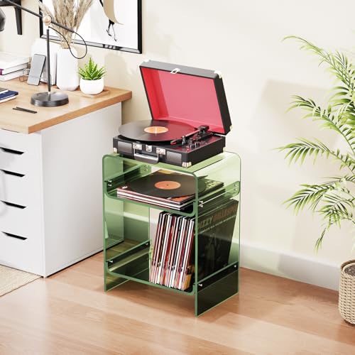 Acrylic Record Player Table with Storage Shelf, Clear Side Table Nightstand (Green, Large) Acrylicolor