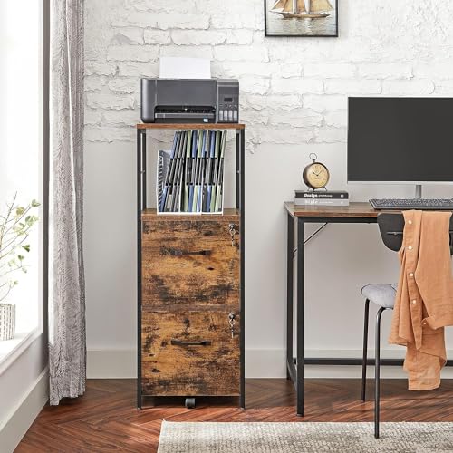 VASAGLE Cabinet for Home Office, with Lock and 2 Drawers, A4 and Letter Sized Files, Printer Stand, 15.8 x 16.1 x 42.5 Inches, Rustic Brown + Black VASAGLE