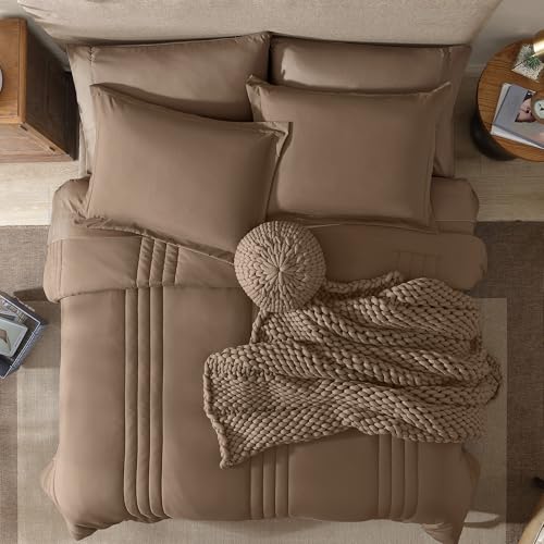 Monbix Queen Comforter Set - 7 Pieces Raw Umber Bed in a Bag Queen Bedding Sets with Comforters, All Seasons Comforter Bed Set with Sheets, Pillowcases & Shams Monbix