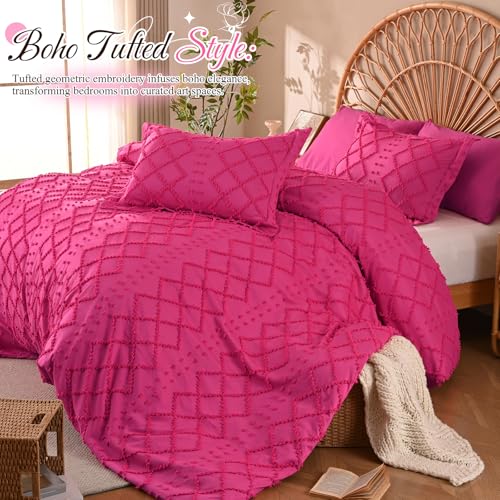 Manyshofu 5Pcs Boho Full Duvet Cover Set - Tufted Hot Pink Duvet Cover Pattern, Shabby Chic Boho Bedding Set Textured Comforter Covers with Embroidery Pillow Shams Manyshofu