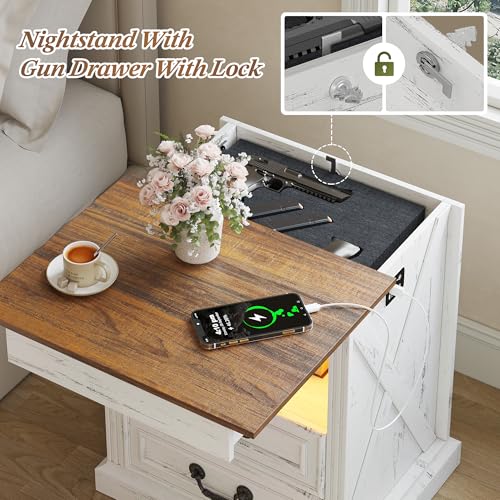 Dystler Night Stand with Gun Drawer, Bedside Table with LED Light & Human Sensor, Nightstand Gun Safe with 2 Drawers for Bedroom, Farmhouse End Table with Charger Station, Antique White Dystler