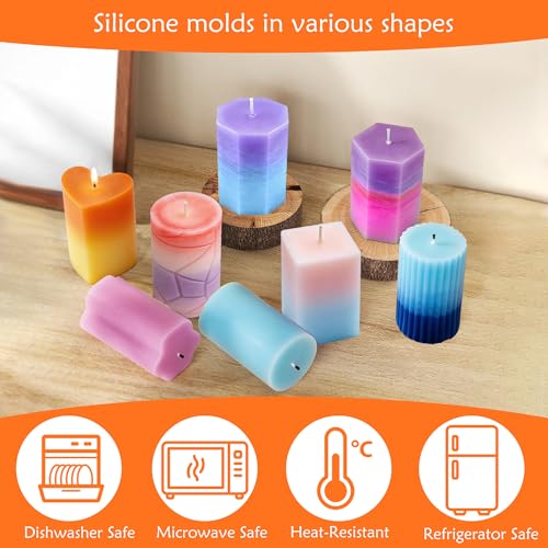 8PCS Reusable Silicone Candle Molds Set - Cylinder/Hexagon/Octagonal/Heart/Flower/Square Shapes for DIY Candle Making, Soap, Resin Crafts, Easy Release Candle Making Kit (8, Cylinder & Hexagon)