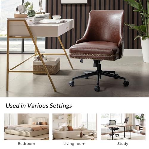 Faux Leather Home Office Chair with Black Metal Base and Nailhead, Modern Comfy Ergonomic Desk Chair with Adjustable Height/Tilt, 360-Degree Swivel, Armless Cute Decoration, Brown TINA'S HOME