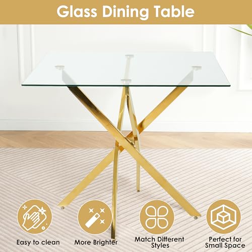 HAIZAO Golden Glass Dining Table Set for 4, 5 Piece Clear Glass Top Dinner Room Set, 36'' Modern Luxury Square Kitchen Table Set with Ivory Woven Chair, for Small Living Room Home HAIZAO