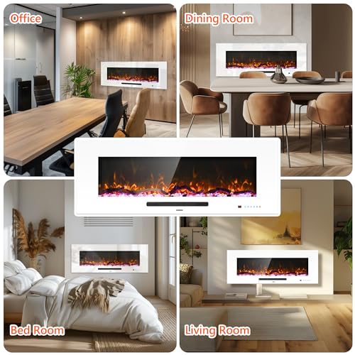 Dreamflame 50" Electric Fireplace, Recessed & Wall Mounted Fireplace Heater 13 * 13 Colors Flame &Fuel Bed w/5 Dimmer, Touchscreen &Remote Control Temp, Overheating Protect, Hardwired, 1500W, White Dreamflame