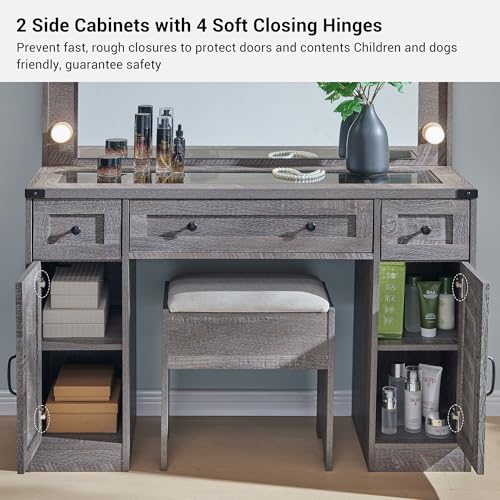 JXQTLINGMU Farmhouse Makeup Vanity Desk with Mirror and Lights, 43'' Glass Tabletop Vanity Table with 3 Drawers & Shelves, Rustic Large Vanity Set for Bedroom, Stool Included, Grey JXQTLINGMU